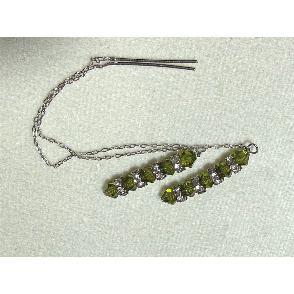 Olive Green Crystal Bicone Threader Earrings Silver Tone Rhinestone Accents